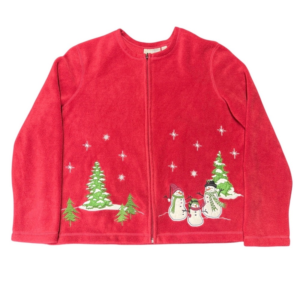 Croft &‎ Barrow fleece Christmas jacket petite PM embroidered snowmen trees red